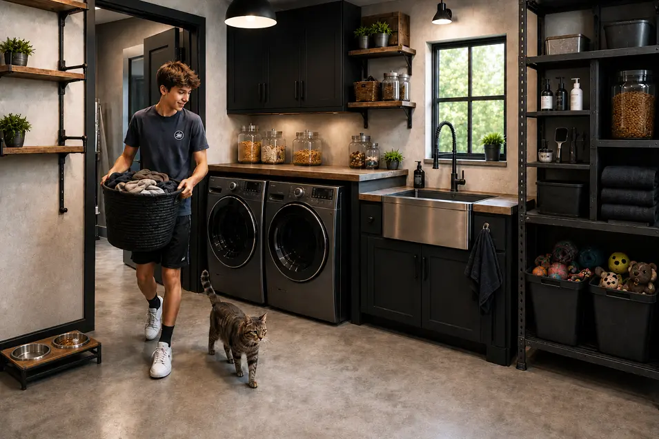 Industrial laundry room with concrete flooring, black cabinetry, utility sink, steel shelving, pet feeding station, toy storage, and a teen boy with a cat.