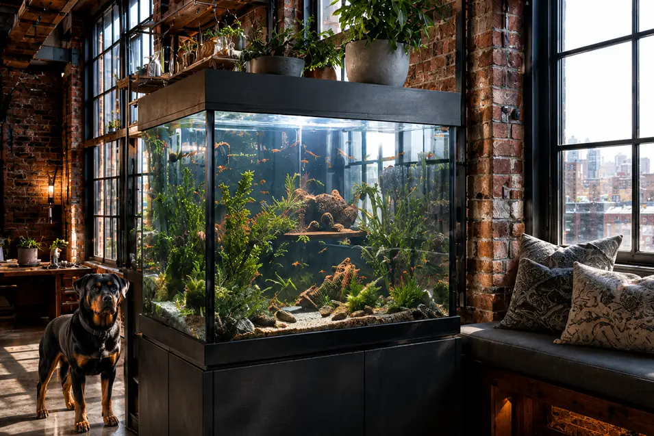 Industrial loft living room with a large planted aquarium, exposed brick walls, floor-to-ceiling windows, cozy bench seating, and a Rottweiler overlooking the space.