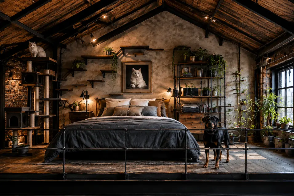 Rustic industrial loft bedroom with exposed wood beams, warm lighting, black metal accents, lush plants, Rottweiler, and framed white Maine Coon portrait above bed.