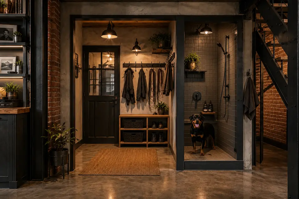 Industrial-style mudroom with a walk-in dog shower, coat and leash storage, boot cubbies, exposed brick, metal accents, and warm ambient lighting.