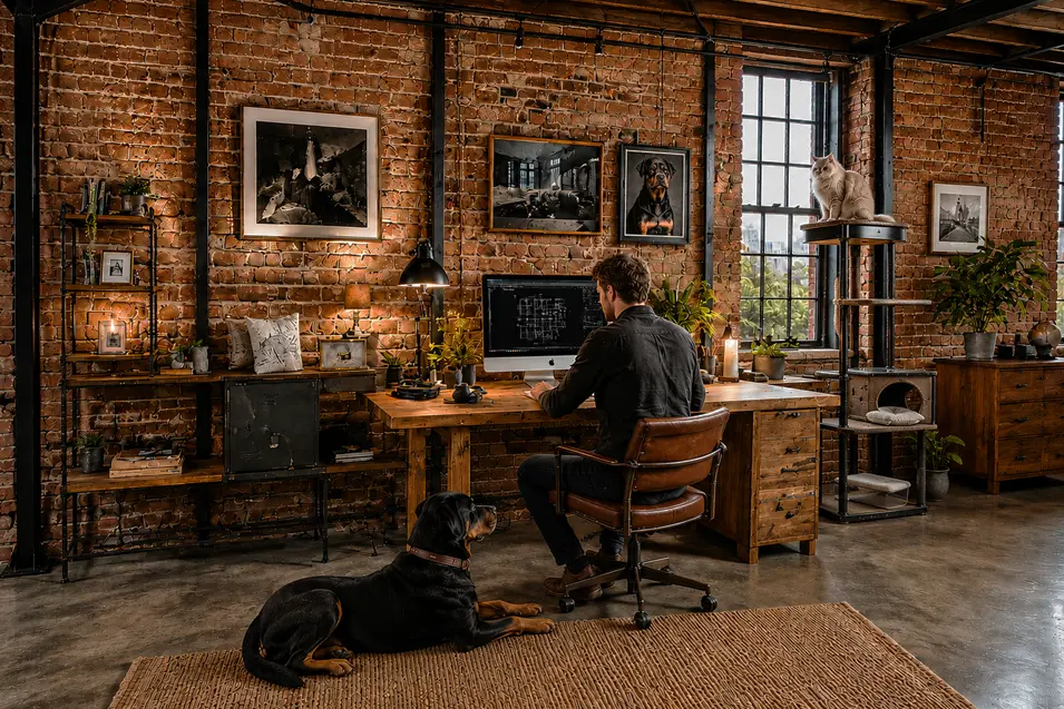 Industrial loft home office with exposed brick, warm natural light, wood desk, man working at computer, Rottweiler on rug, and cat on industrial cat tree by window.