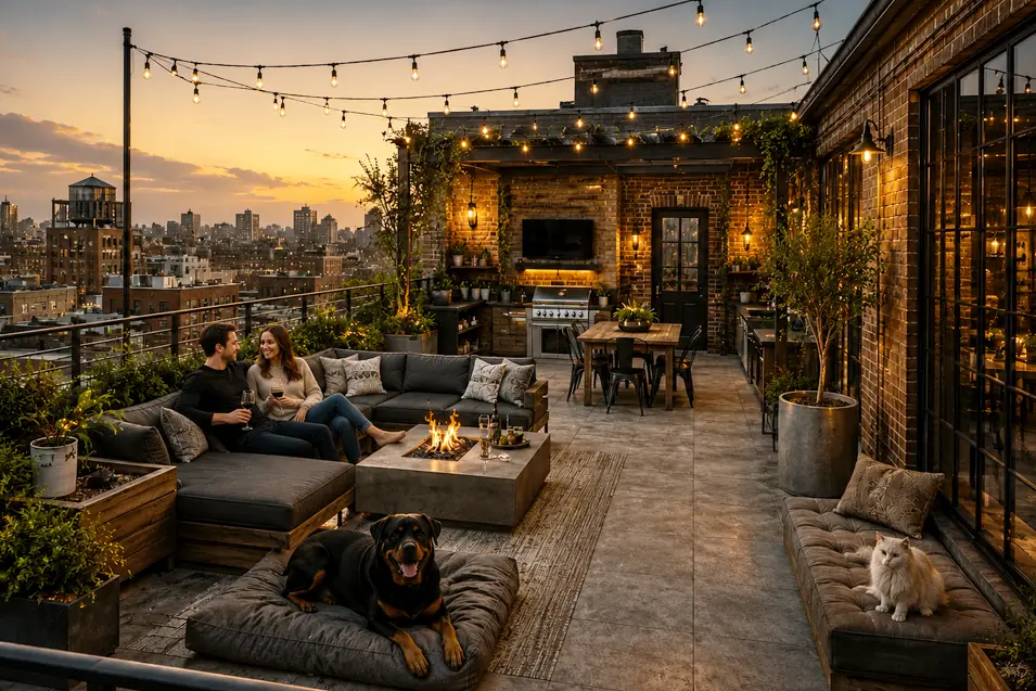 Pet-friendly industrial loft rooftop patio with skyline views, cozy lounge seating, fire pit, dining area, lush planters, and secure railings for cats and dogs.