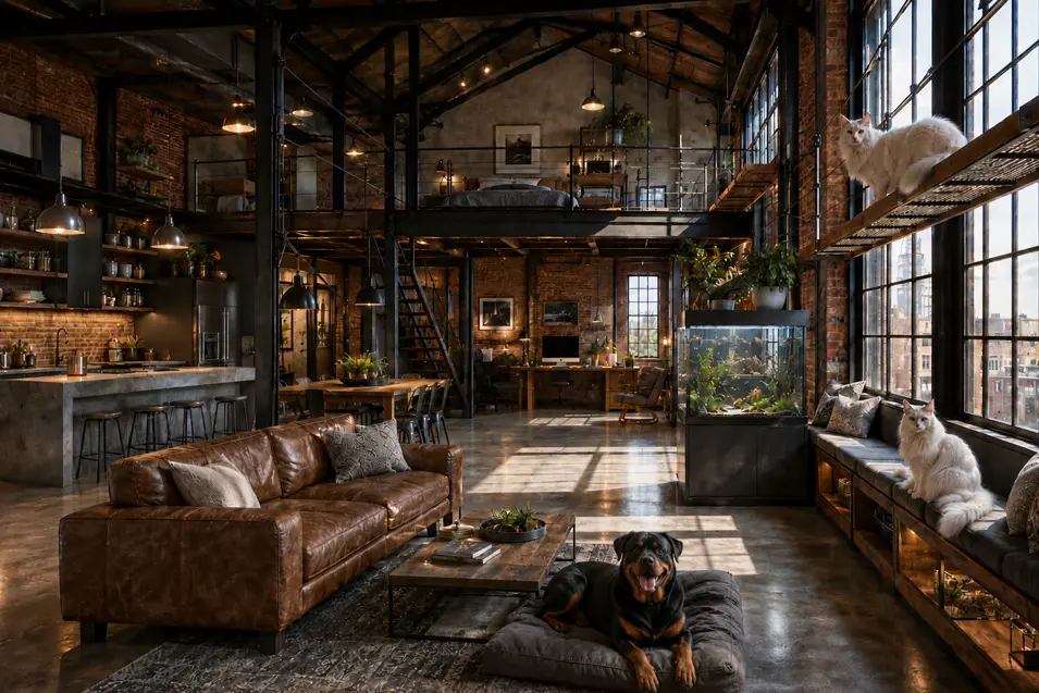 Pet-friendly industrial loft with exposed brick, steel beams, soaring ceilings, aquarium centerpiece, catwalks, large windows, and a relaxed dog in open-concept living.