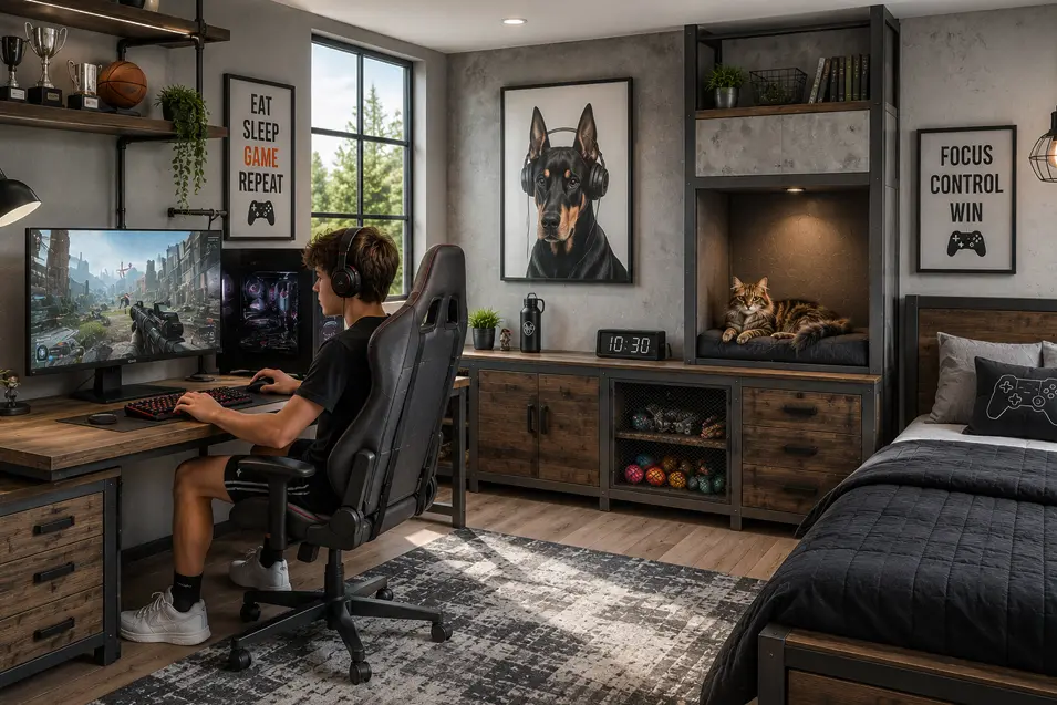 Industrial teen bedroom with steel shelving, dark wood furniture, gaming setup, concrete accents, built-in cat nook, pet artwork, and a teen gaming beside a resting cat.
