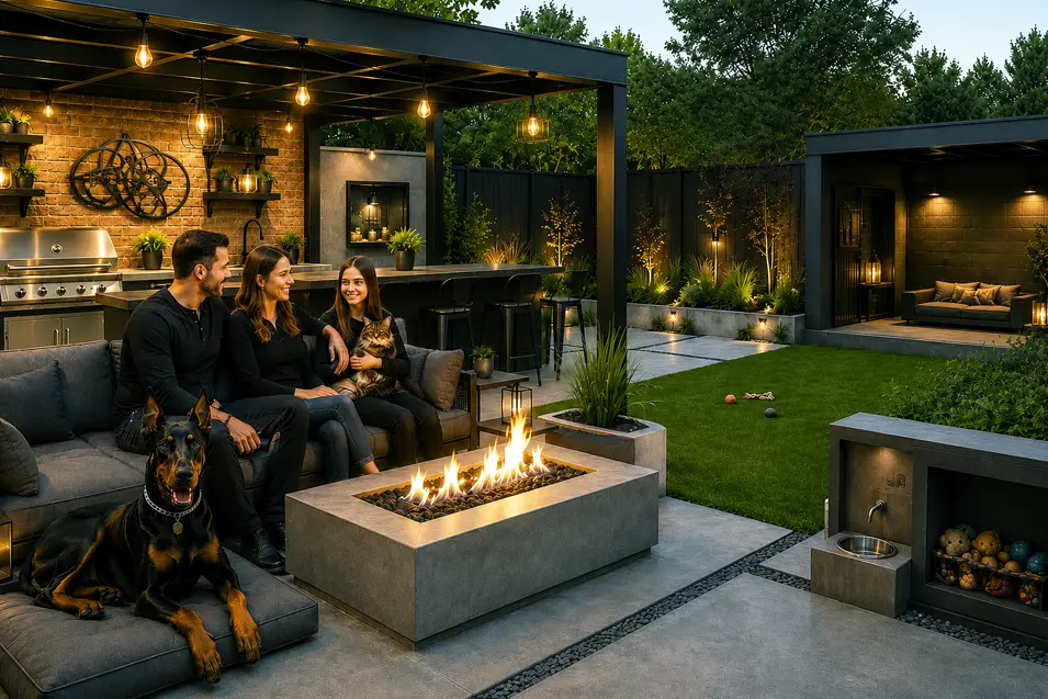 Industrial backyard with steel pergola, fire pit, outdoor kitchen, pet-friendly lawn, water station, and family relaxing with their Doberman and Maine Coon.