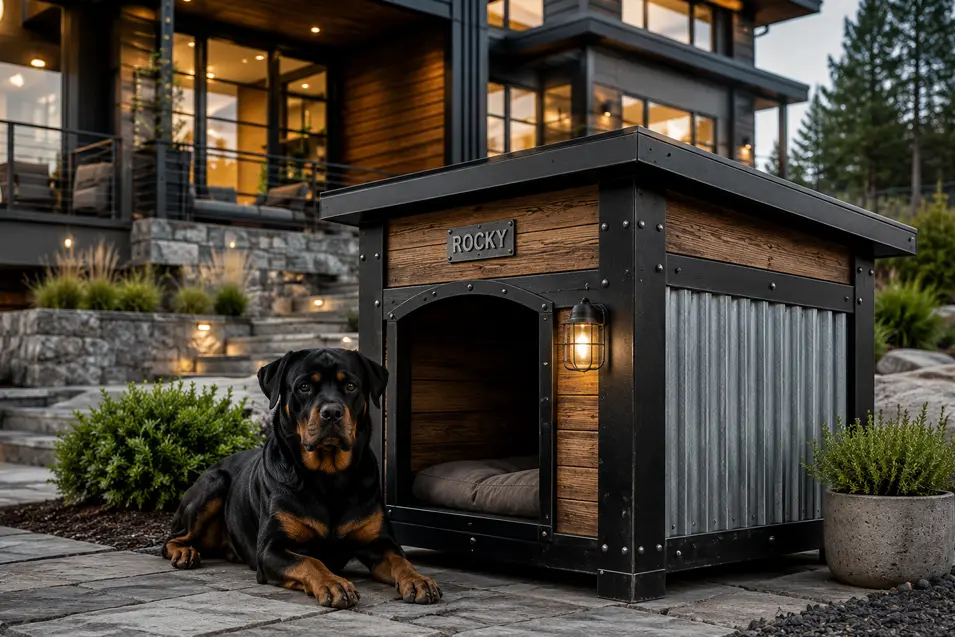 Industrial luxury dog house with two majestic Great Danes, crafted from steel and cedar, glowing warmly at sunset in a beautifully landscaped modern backyard.