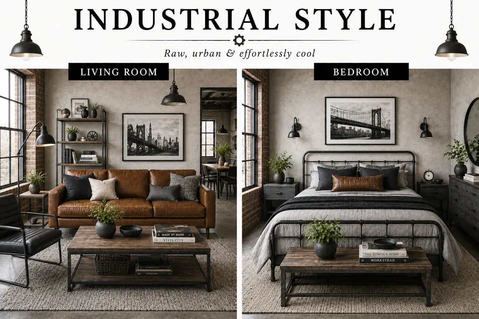 Industrial style interior showcase featuring a loft-inspired living room and bedroom with exposed brick, metal accents, dark tones and urban character.