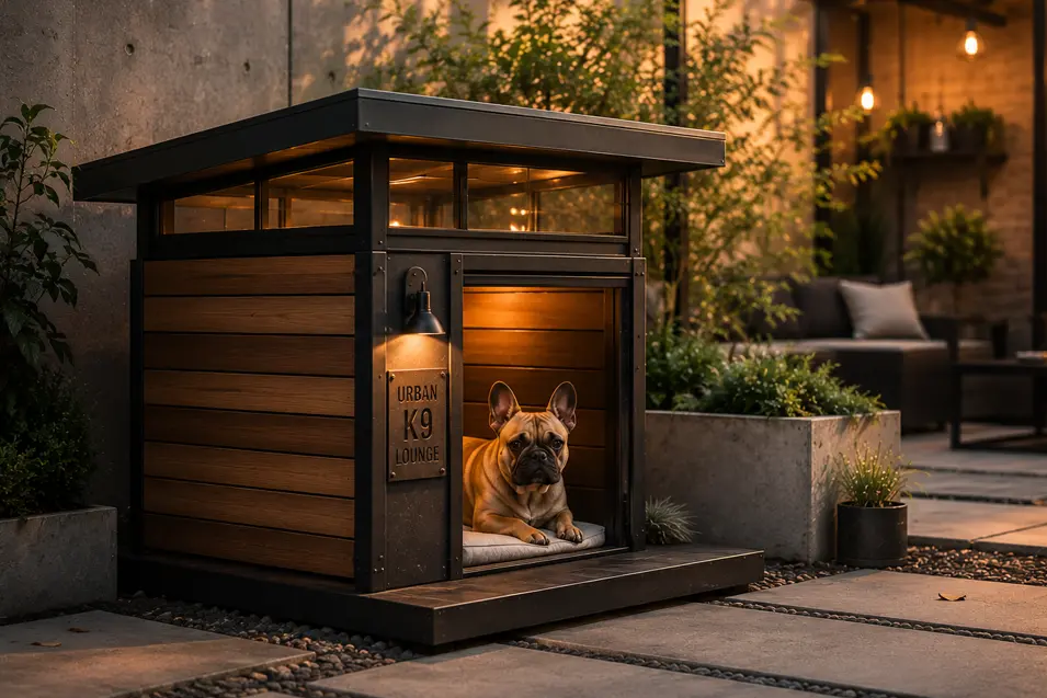 Luxury industrial wood and steel dog house with modern lighting, featuring a charming French Bulldog relaxing in a stylish contemporary backyard.