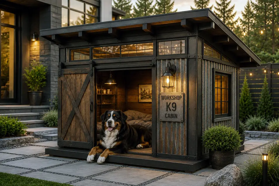 Luxury industrial steel and reclaimed wood dog house with warm lighting, featuring a gentle Bernese Mountain Dog relaxing in a modern designer backyard.