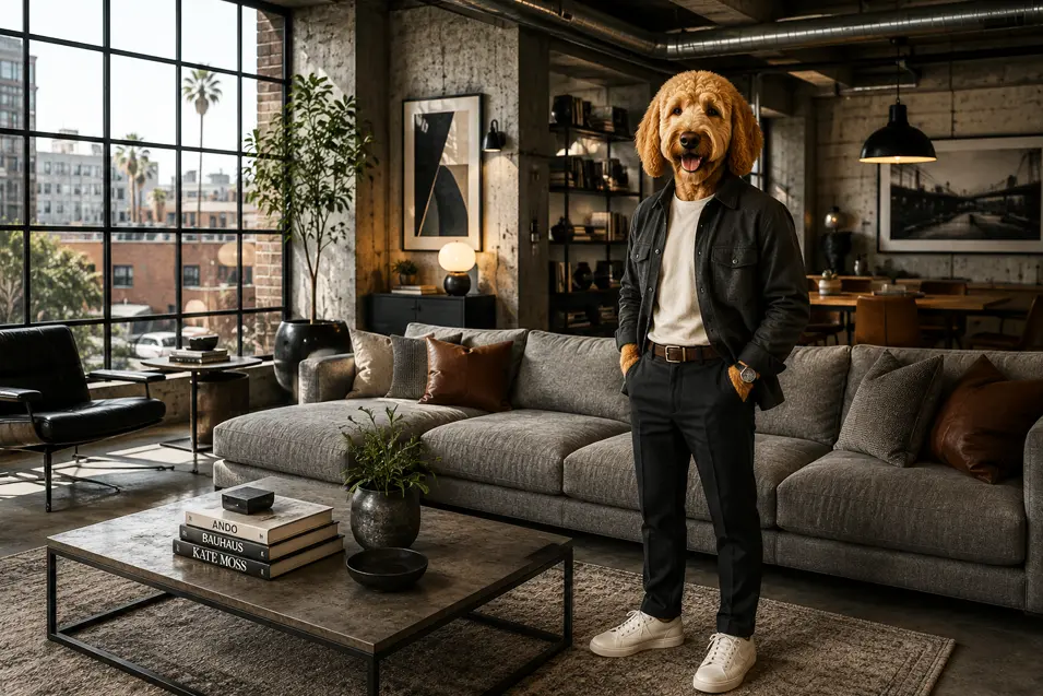 Industrial living room with a well-dressed doodle interior designer, featuring exposed concrete, steel accents, oversized windows, and modern loft furnishings.