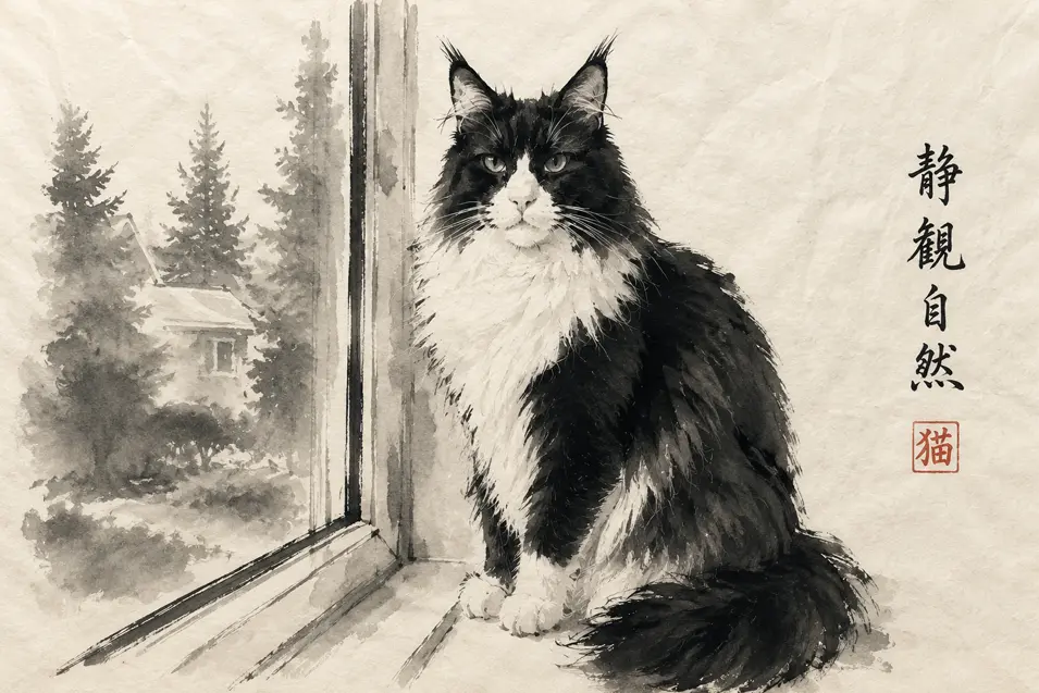 A majestic black-and-white Maine Coon cat rendered in expressive Japanese sumi-e ink wash, with bold brushstrokes, soft gray tones, and textured rice paper.
