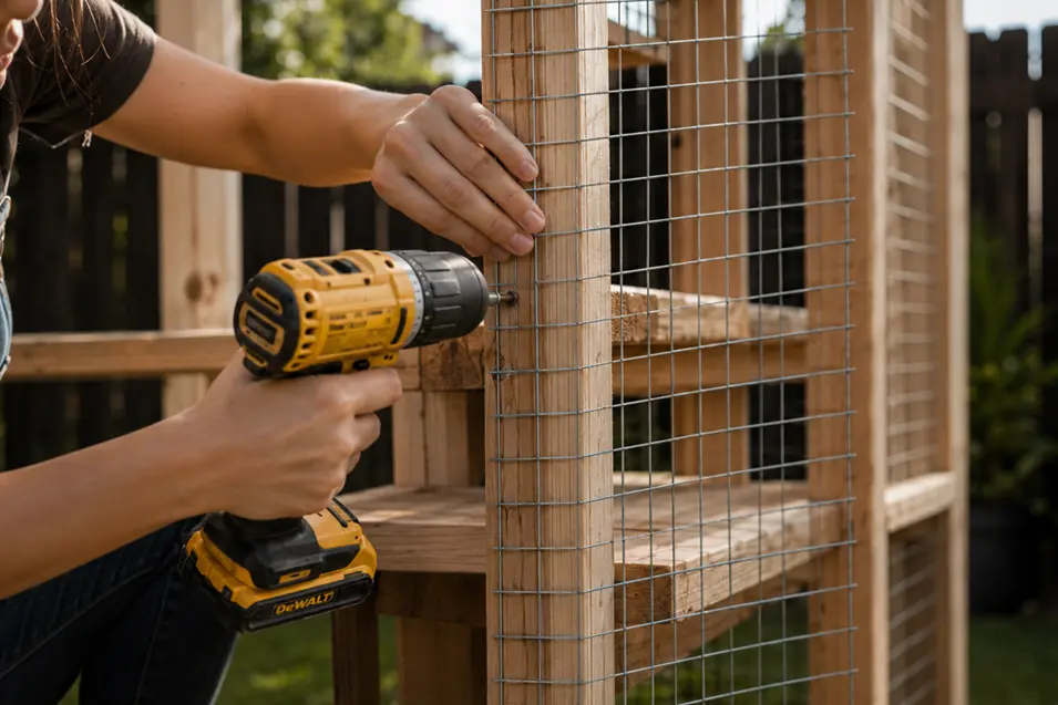 Close-up of galvanized wire mesh being attached to a wooden catio frame with a drill, highlighting a DIY enclosure build in progress.