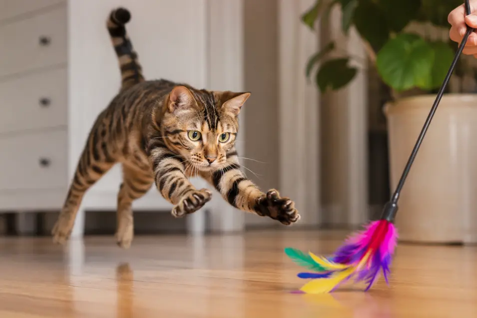 Cat mid-pounce on a hardwood floor, chasing a feather wand toy during an energetic indoor play session with an owner nearby.