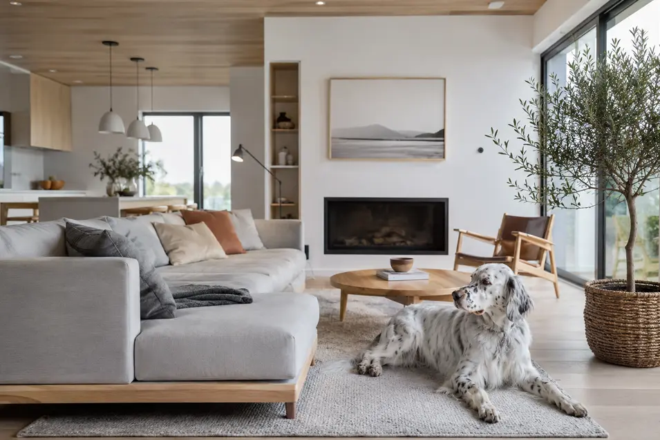 An English Setter relaxes in a bright Scandinavian living room with clean lines, soft natural light, warm wood accents, and minimalist décor.