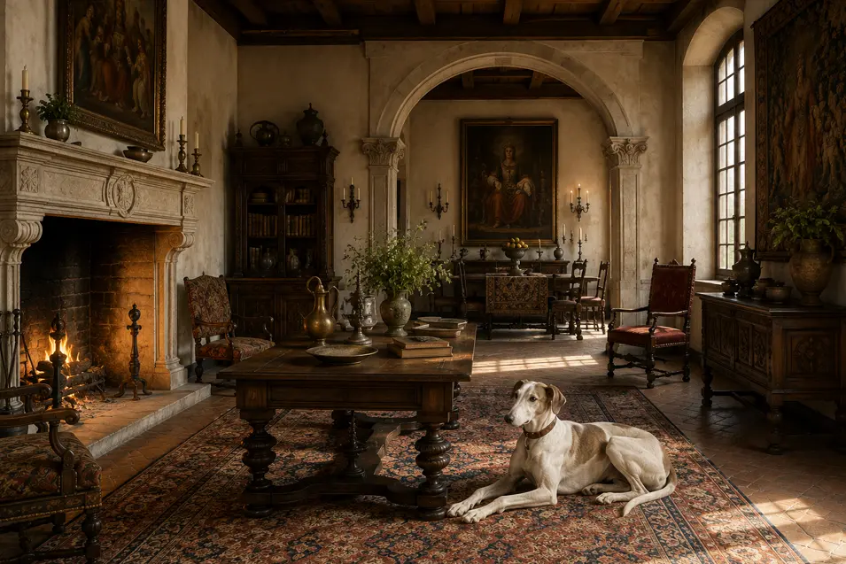 Renaissance-style living room with carved wood furniture, stone fireplace, ornate rugs, classical artwork, tall windows, and a noble hunting dog resting indoors.