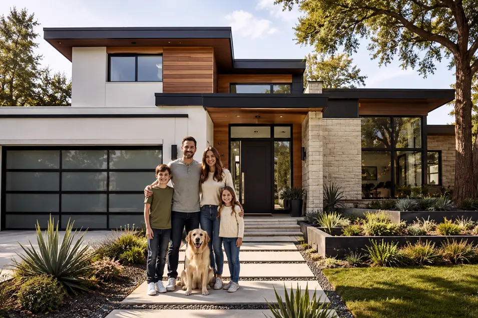 Happy family with two children and a golden retriever standing in front of a sleek modern home with large windows, stone accents, and landscaped gardens.