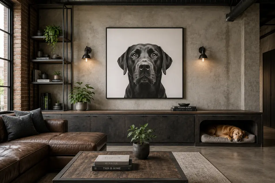 Industrial-style living room with exposed brick and concrete, leather sofa, built-in dog bed, warm lighting, and large black-and-white dog portrait.