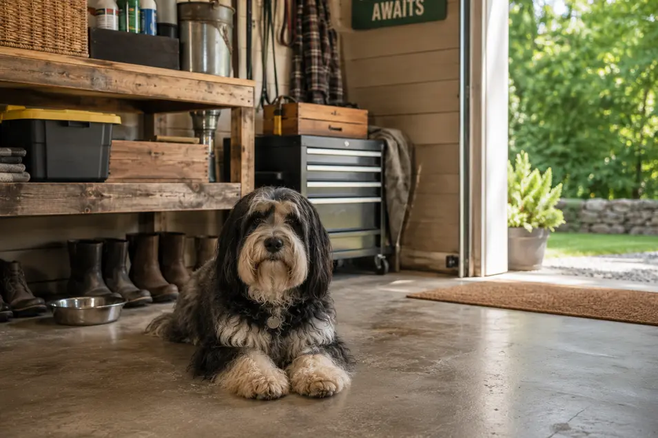 Tibetan Terrier lying in a rustic garage with wooden shelving, organized storage, pet supplies, and an open garage door, highlighting potential safety concerns for pets.