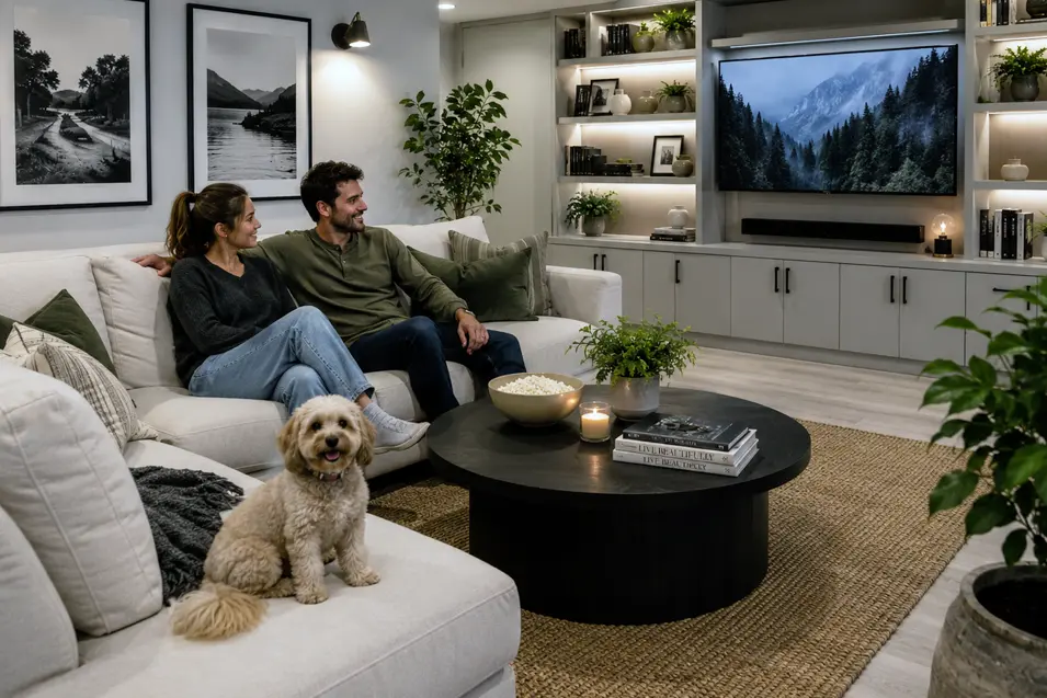 Couple relaxing on a sofa watching television with their small dog in a modern living room featuring built-in shelving and cozy decor.