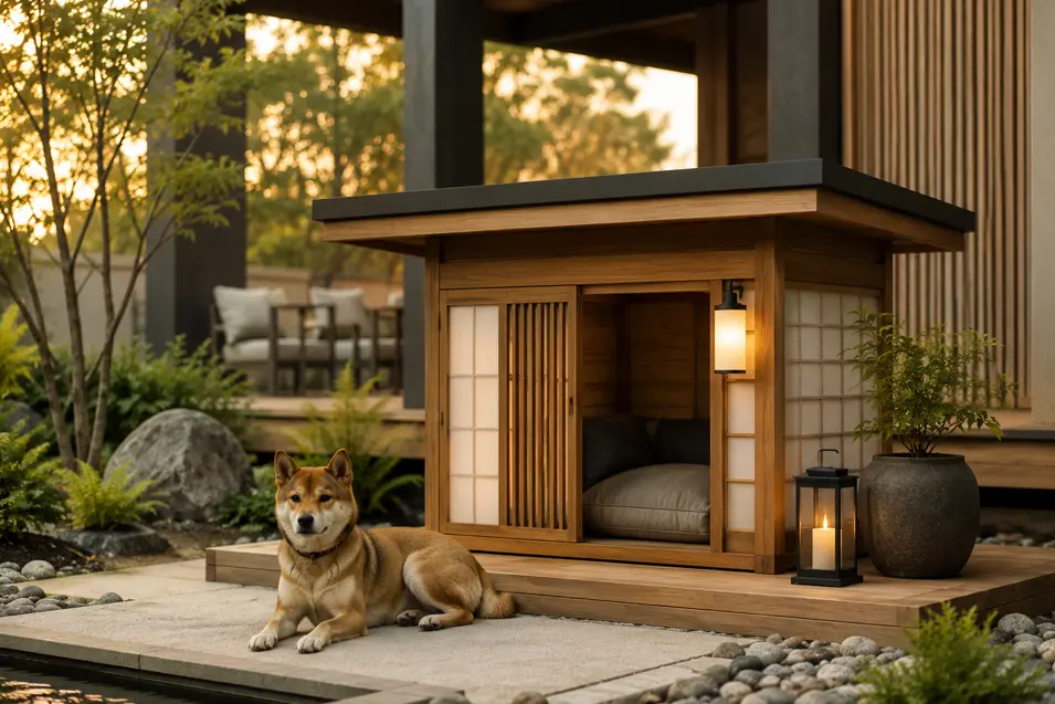 Luxury Japandi dog house with natural cedar, clean lines, shoji-inspired details, and a serene landscaped backyard at golden hour.