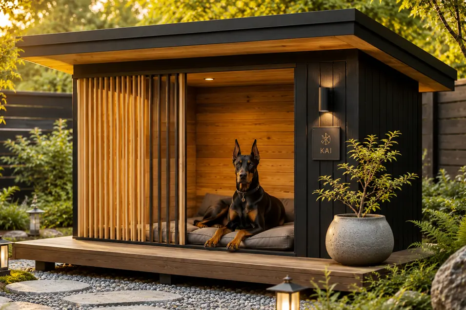 Luxury Japandi dog house with a regal Doberman, warm cedar accents, black modern finishes, Zen landscaping, and soft golden-hour lighting.