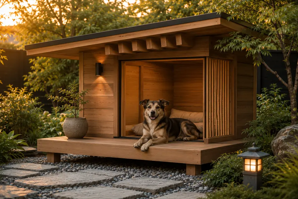Modern Japandi dog house with warm cedar, clean architectural lines, Zen landscaping, and a cozy retreat where a happy dog relaxes at sunset.