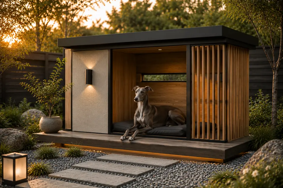Luxury Japandi dog house with a graceful Greyhound, warm cedar finishes, minimalist architecture, Zen landscaping, and tranquil golden-hour lighting.