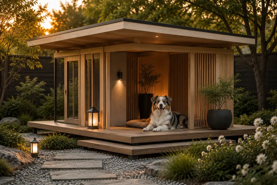 Luxury Japandi dog house with clean lines, warm wood, Zen-inspired landscaping, soft ambient lighting, and a peaceful modern retreat for a happy dog.
