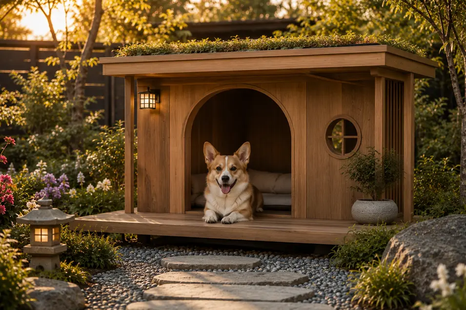 Luxury Japandi dog house with a cheerful Corgi, warm cedar finishes, a living green roof, Zen landscaping, and peaceful golden-hour ambiance.