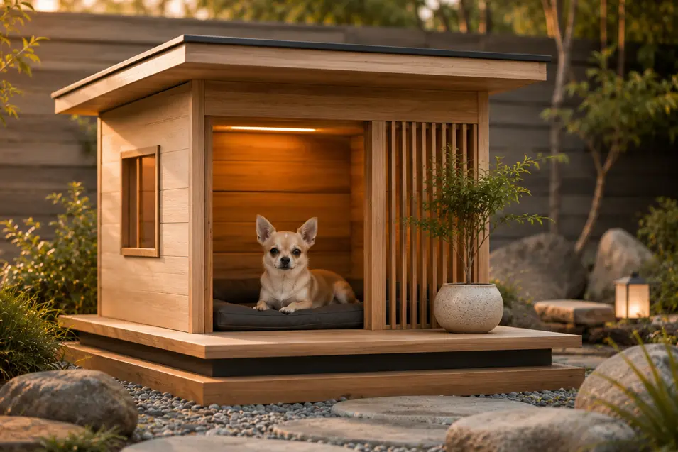 Luxury Japandi dog house with a cozy Chihuahua, warm cedar finishes, Zen landscaping, soft lighting, and minimalist design in a tranquil garden.