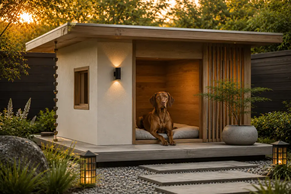 Modern Japandi dog house with warm cedar, smooth stucco, Zen landscaping, soft ambient lighting, and a cozy retreat for a relaxed Vizsla.