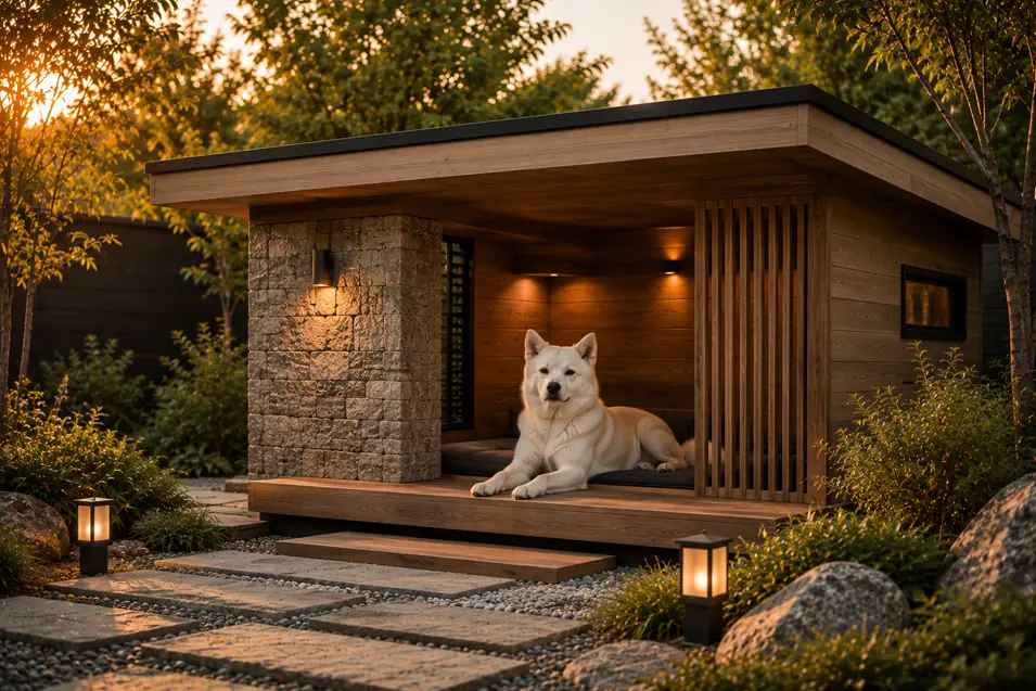 Luxury Japandi dog house with a majestic Kishu Ken, warm cedar and stone accents, Zen landscaping, and serene golden-hour ambiance.