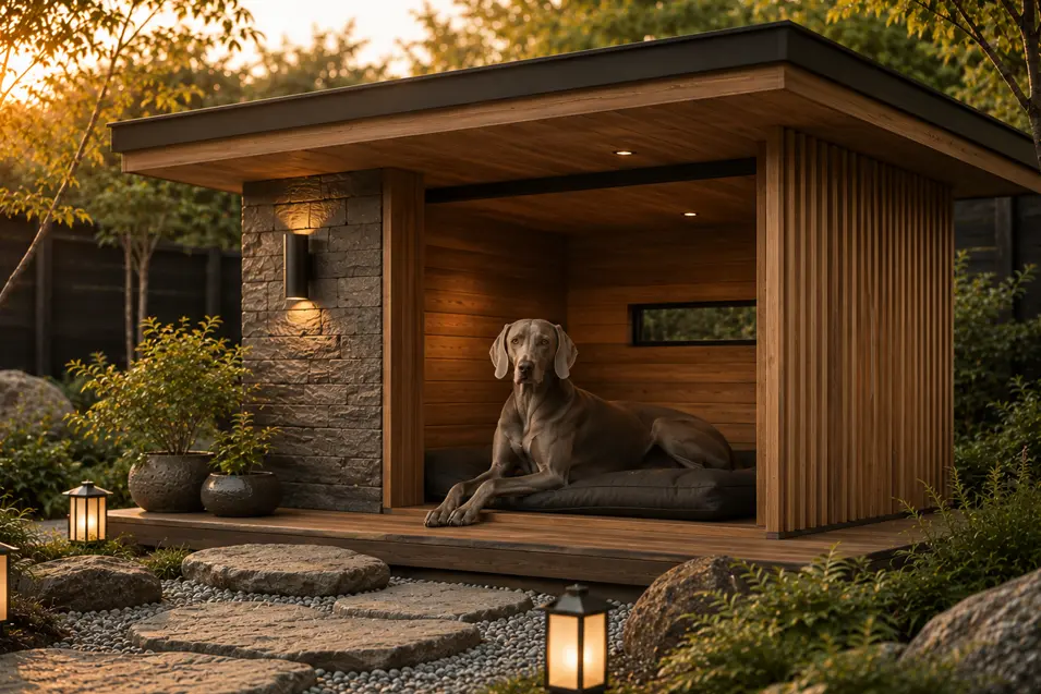 Luxury Japandi dog house with a graceful Weimaraner, rich cedar and stone accents, Zen landscaping, and warm golden-hour lighting.