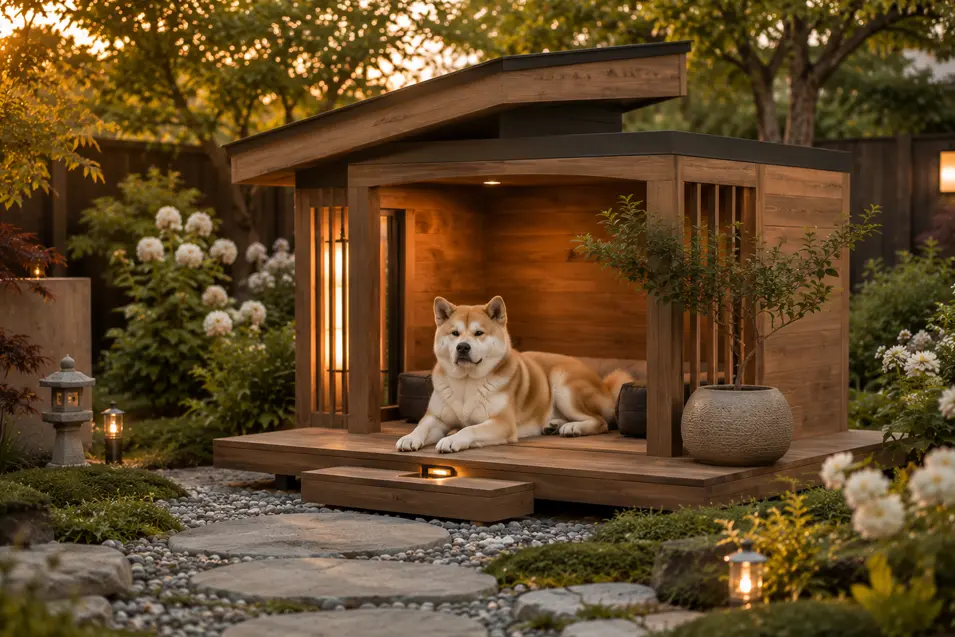 Luxury Japandi dog house with a relaxed Akita, warm cedar finishes, Zen landscaping, soft lighting, and minimalist modern design at golden hour.