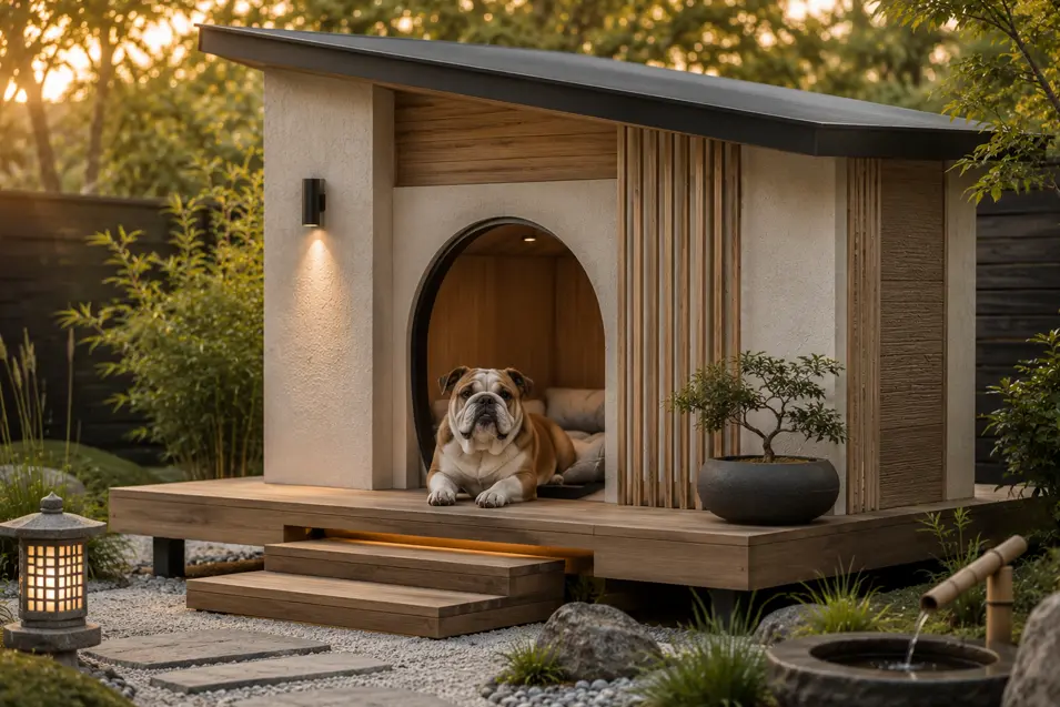 Modern Japandi dog house with a cozy English Bulldog, featuring warm wood, stucco, Zen landscaping, and minimalist luxury at golden hour.