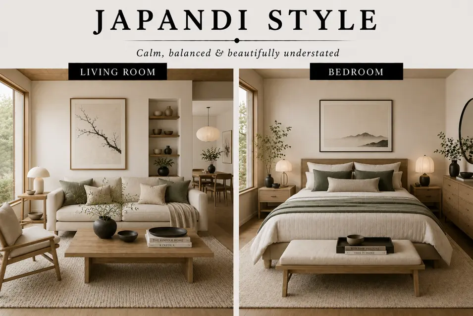 Japandi style interior showcase featuring a serene living room and bedroom with natural wood, soft neutrals, clean lines and minimalist warmth.