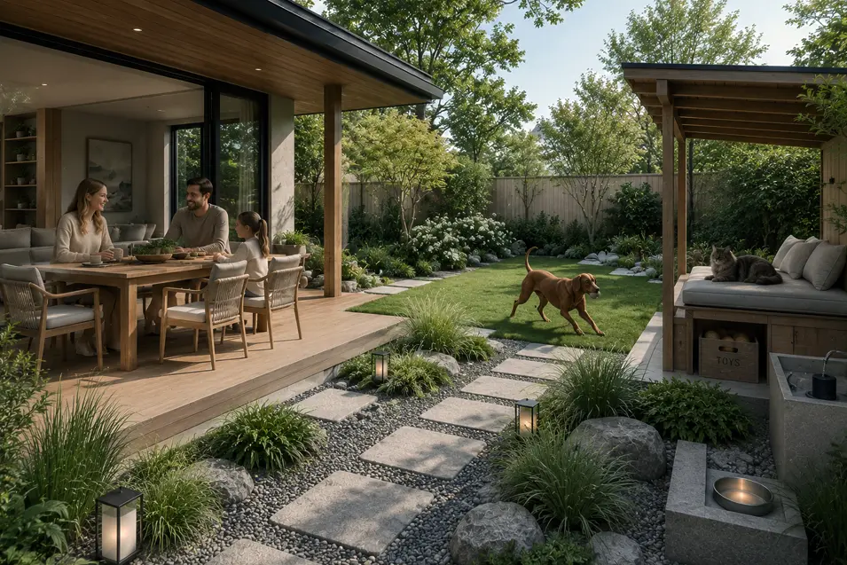 Bright Japandi backyard with covered wood terrace, family dining outdoors, Vizsla playing on the lawn, Maine Coon in a shaded lounge, and stone garden paths.