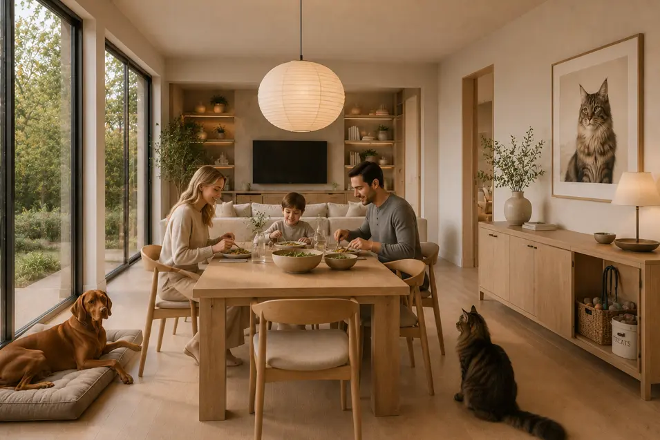 Japandi dining room with oak table, paper lantern pendant, family eating dinner, Maine Coon cat nearby, Vizsla resting on a cushion, and large windows.