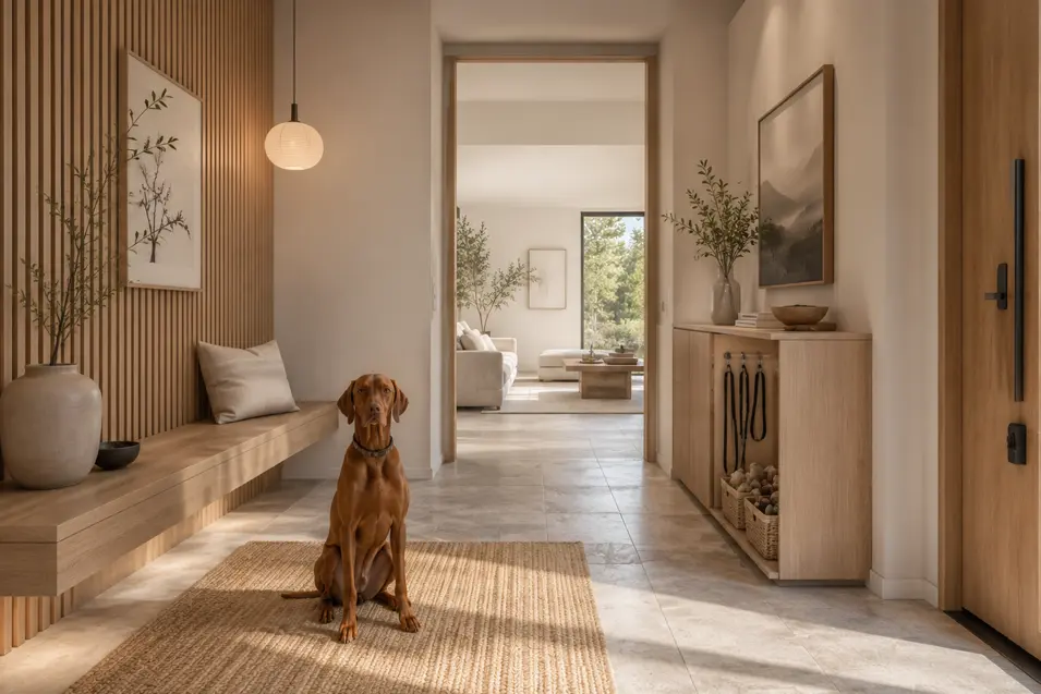Bright Japandi entryway with light oak feature wall, floating bench, stone flooring, hidden pet storage, and a Vizsla sitting on a woven rug facing the camera.