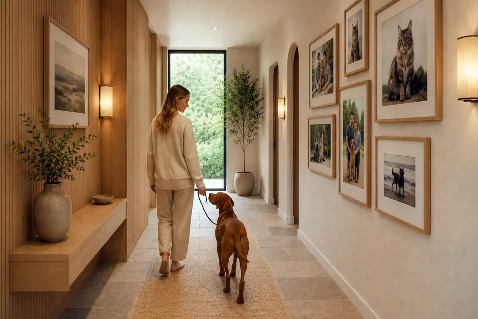 Japandi hallway with oak paneling, stone flooring, pet photo gallery, woman walking a Vizsla, soft wall sconces, and nature-inspired pet artwork.