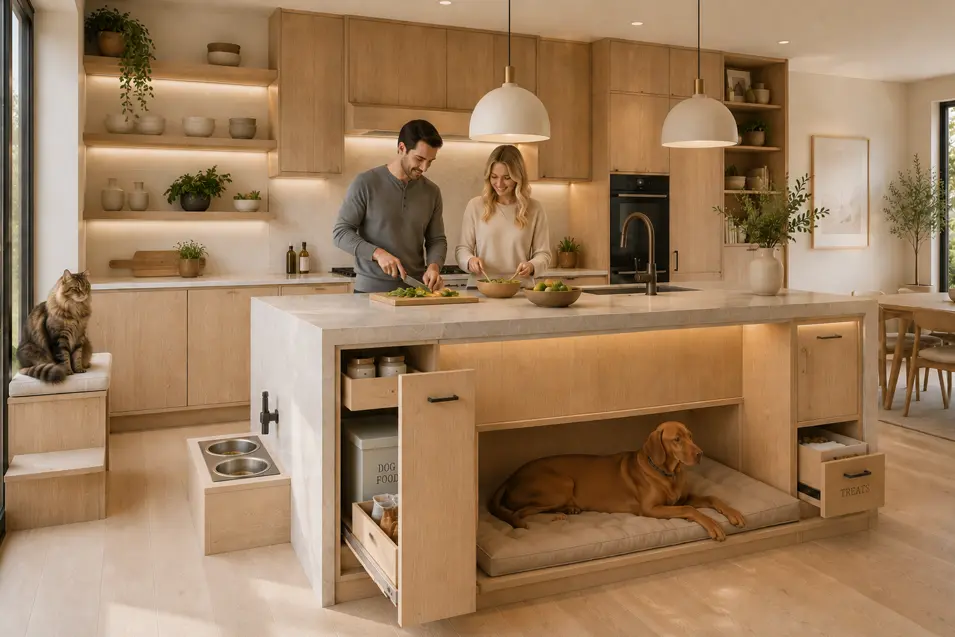 Bright Japandi kitchen with white oak cabinetry, stone waterfall island, couple cooking dinner, Maine Coon cat watching, and a large built-in Vizsla resting nook.