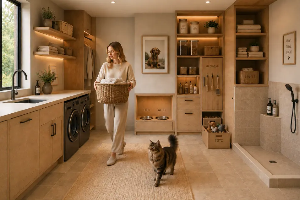 Japandi laundry room with oak cabinetry, stone tile flooring, low-entry dog wash, pet feeding station, girl carrying laundry, and a Maine Coon following.