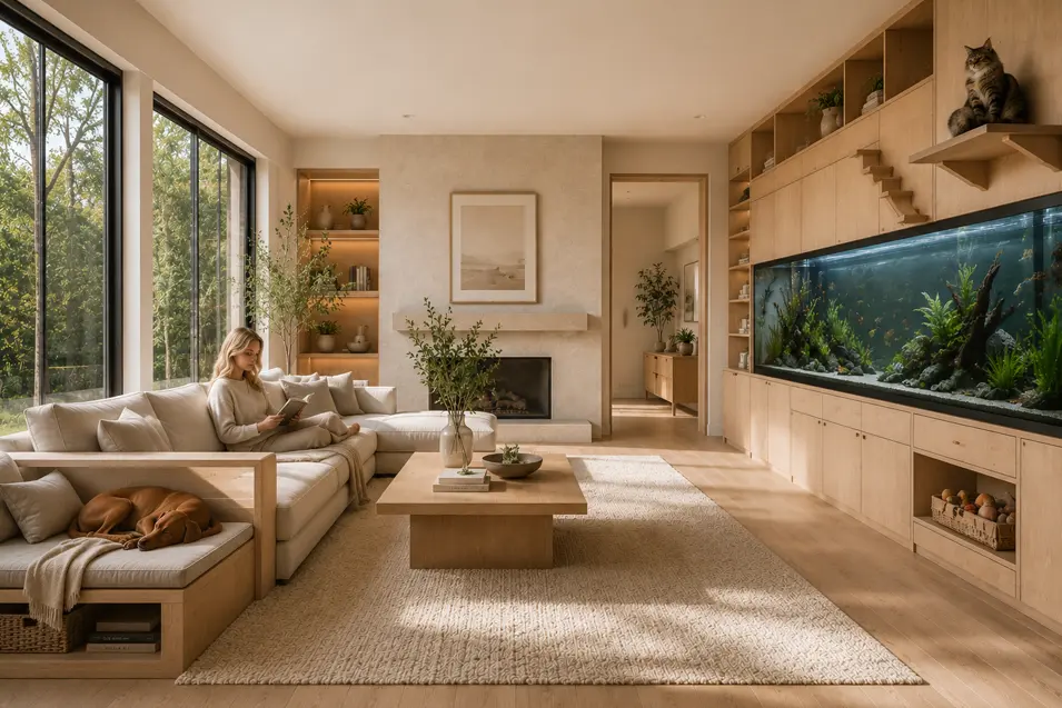 Bright Japandi living room with floor-to-ceiling windows, aquarium wall, woman reading, Maine Coon cat on climbing shelves, and Vizsla resting in a built-in bed.