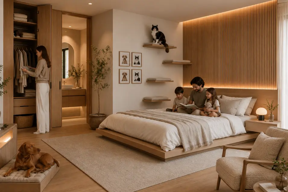 Japandi primary bedroom with oak feature wall, low platform bed, family of four, woman organizing clothes, Vizsla nook, Maine Coon shelves, and cozy reading area.