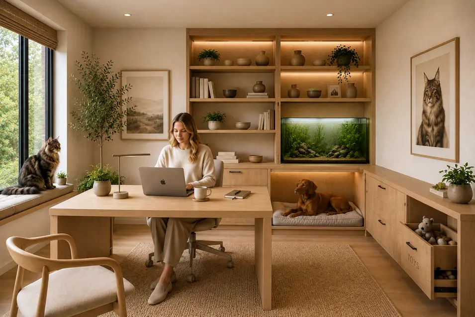 Japandi home office with oak desk, built-in shelving, aquarium, woman working on a laptop, Maine Coon on a window perch, and Vizsla in a built-in bed.