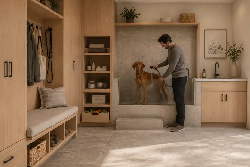 Japandi mudroom with white oak cabinetry, stone tile flooring, built-in dog wash station, and a man bathing a Vizsla beside organized pet storage.