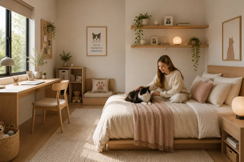 Bright Japandi teen girl's bedroom with wood furniture, study desk, floating shelves, cozy cat corner, pet décor accents, and teen girl petting a Maine Coon cat.