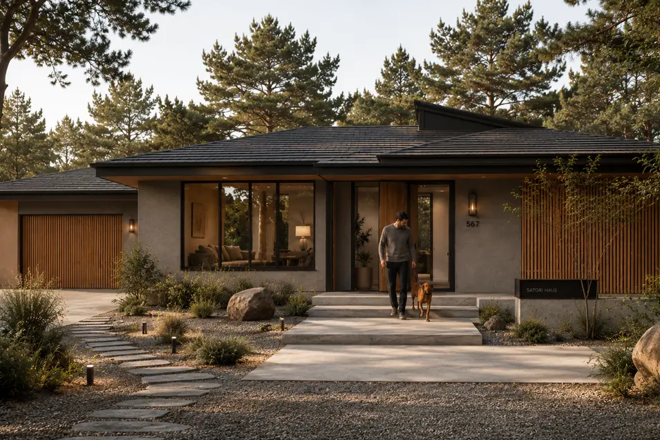Japandi-style home exterior with natural wood accents, stone landscaping, and a man walking a Vizsla dog down the front steps at golden hour.