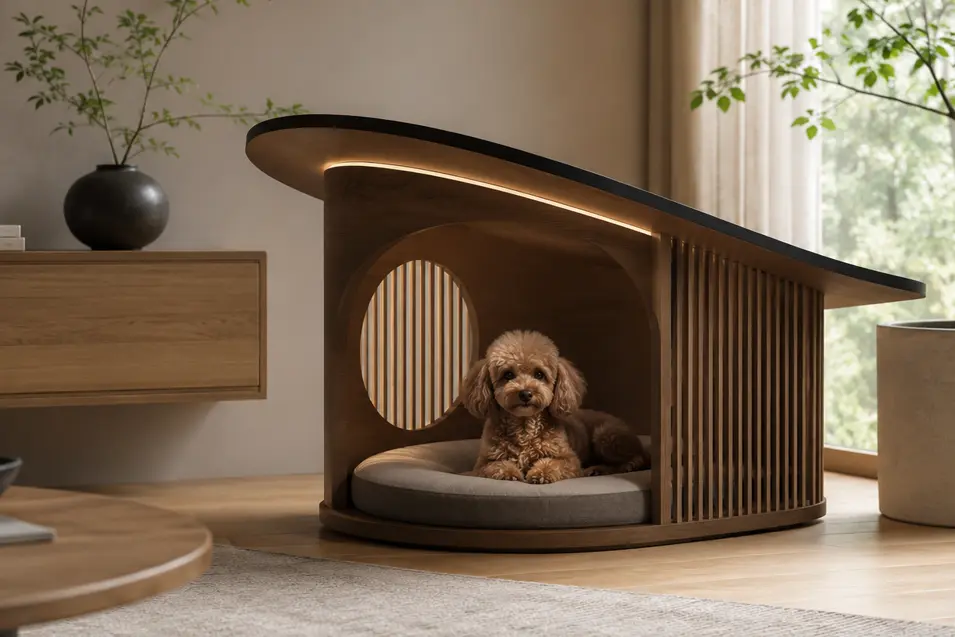 Luxury Japandi indoor dog house with curved wood slats, soft ambient lighting, and a cozy cushion, featuring a relaxed Miniature Poodle in a serene modern living room.