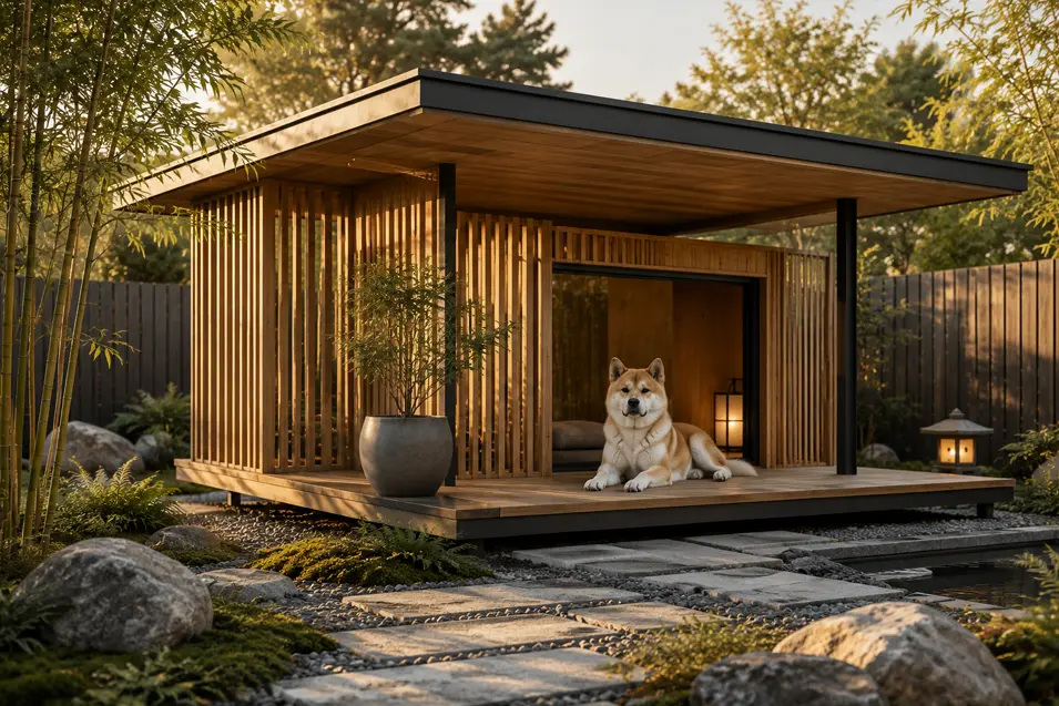 Luxury Japandi dog house with cedar slat walls, a floating roof, Zen landscaping, and a cozy covered porch, creating a serene retreat for a Shiba Inu.